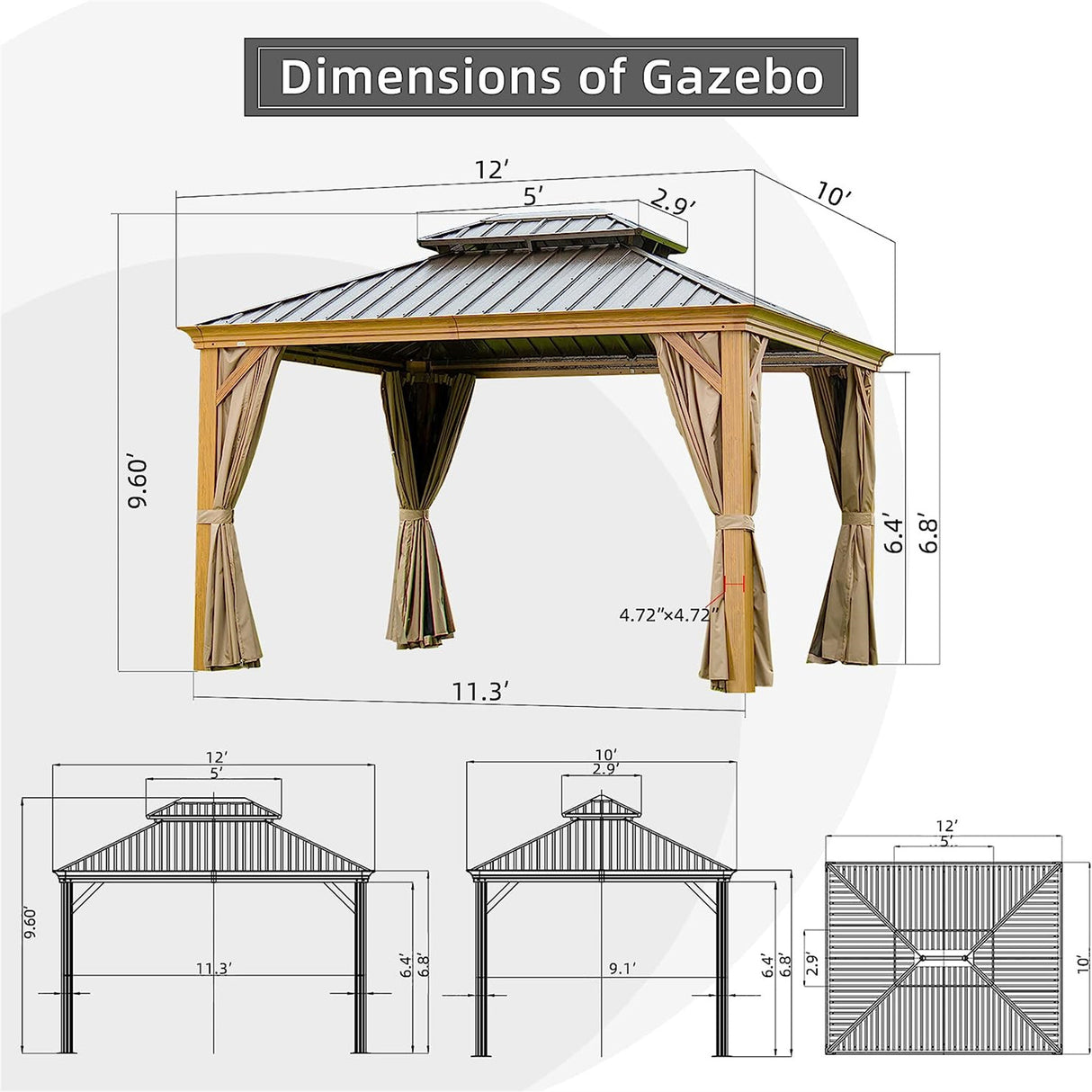 10'x12' Hardtop Gazebo, Wooden Coated Aluminum Frame Canopy with Galvanized Steel Double Roof, Outdoor Permanent Metal Pavilion with Curtains and Netting for Patio, Deck and Lawn(Wood-Looking)