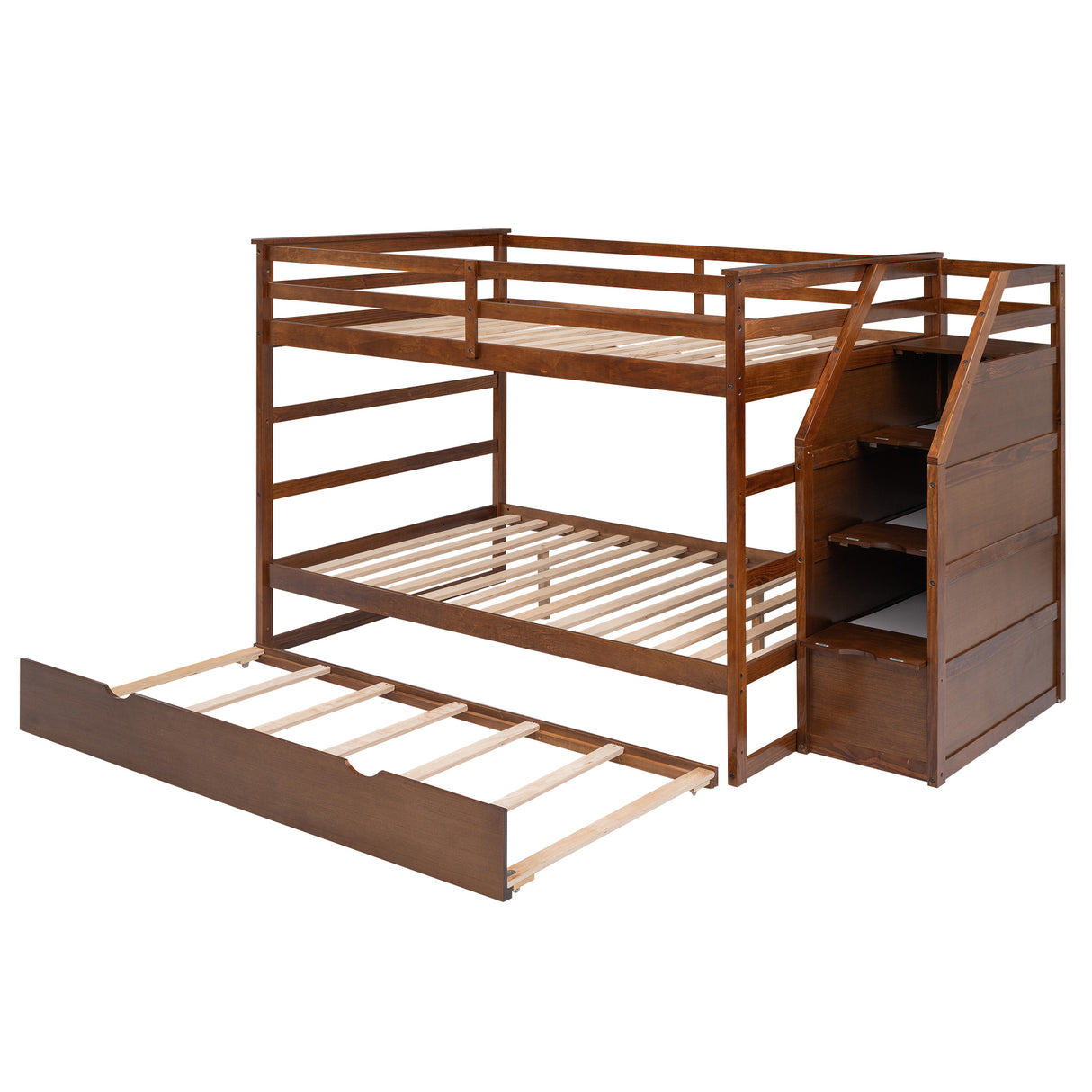 Full-over-Full Bunk Bed with Twin Size Trundle and 3 Storage Stairs,Walnut - Home Elegance USA