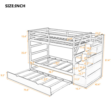 Twin-Over-Twin Bunk Bed with Twin Size Trundle and 3 Storage Stairs,White(OLD SKU :LP000064AAK)