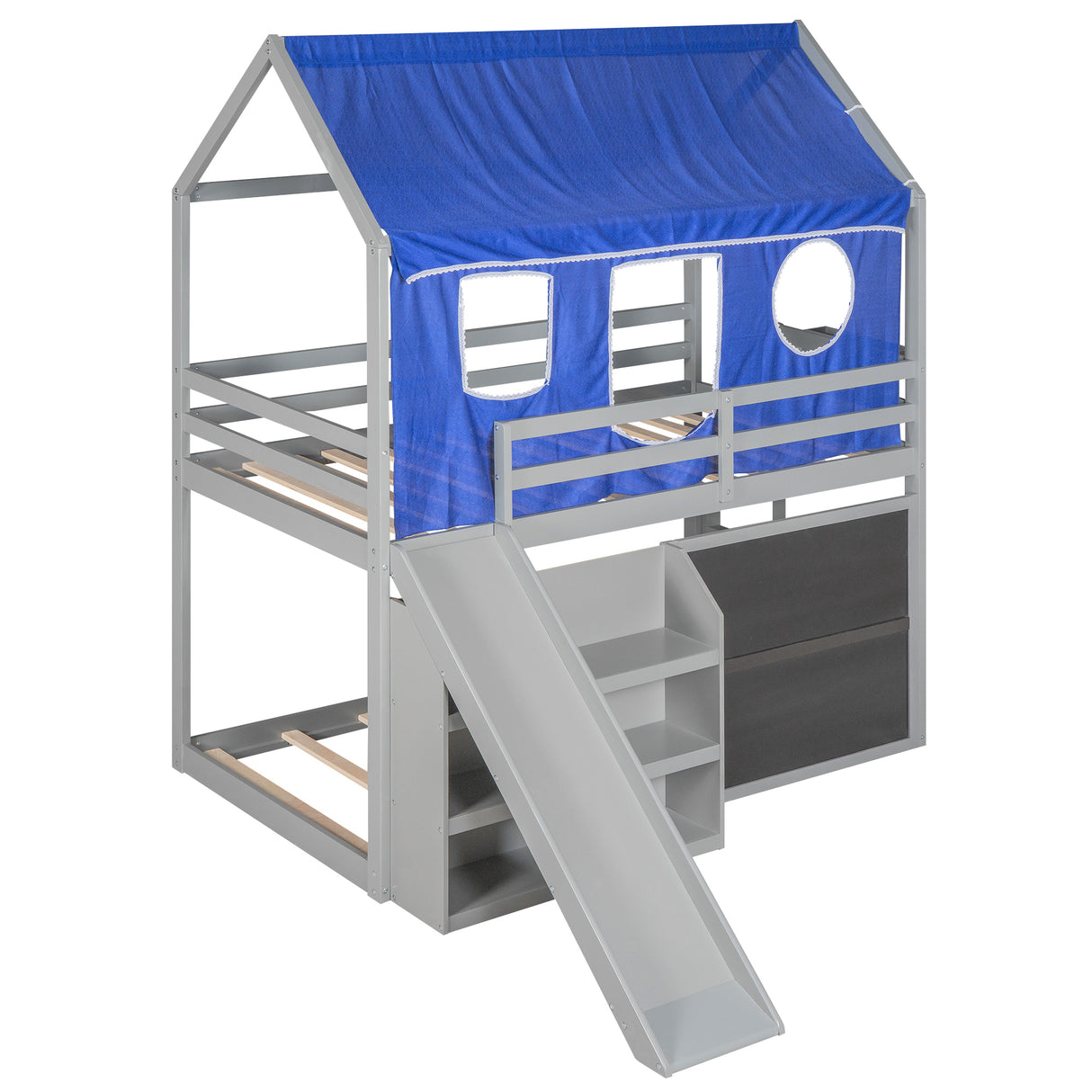 Twin over Twin House Bunk Bed with Blue Tent, Slide, Shelves and Blackboard, Gray - Home Elegance USA