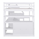 Full Size Loft Bed with Desk and Shelves, Two Built-in Drawers, Storage Staircase, White