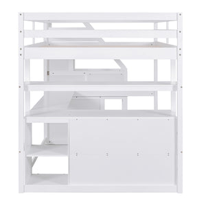 Full Size Loft Bed with Desk and Shelves, Two Built-in Drawers, Storage Staircase, White