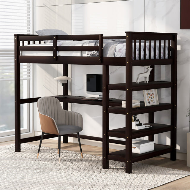 Twin Size Loft Bed with Storage Shelves and Under-bed Desk, Espresso(OLD SKU:SM000245AAP-1) - Home Elegance USA