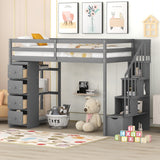 Twin size Loft Bed with Storage Drawers and Stairs, Wooden Loft Bed with Shelves - Gray - Home Elegance USA