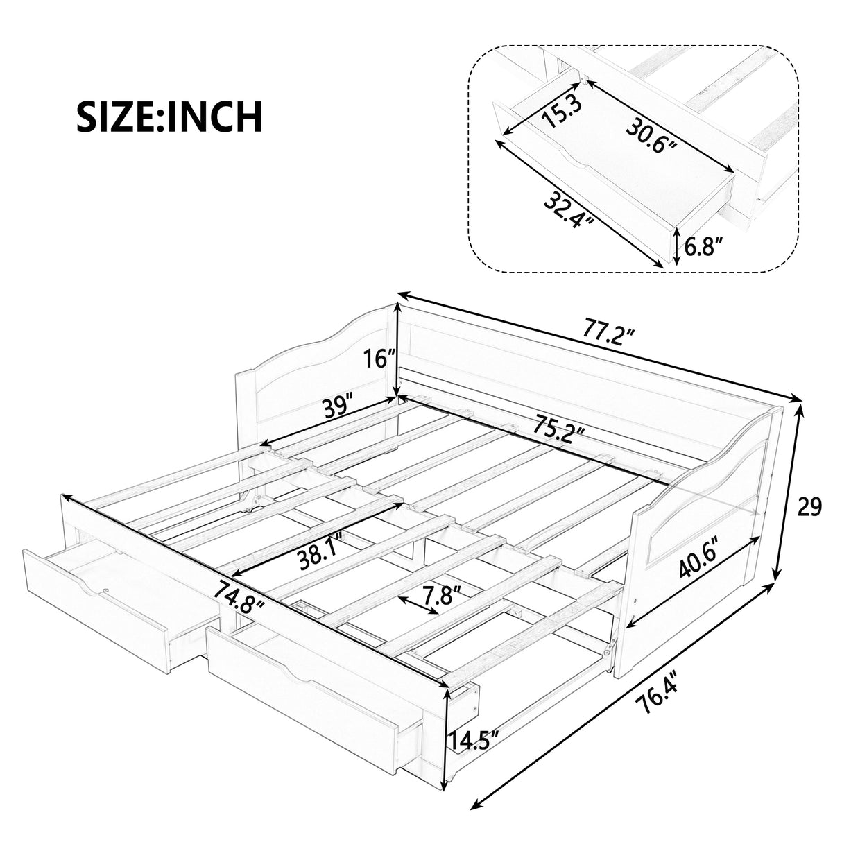 Wooden Daybed with Trundle Bed and Two Storage Drawers , Extendable Bed Daybed,Sofa Bed with Two Drawers, Gray