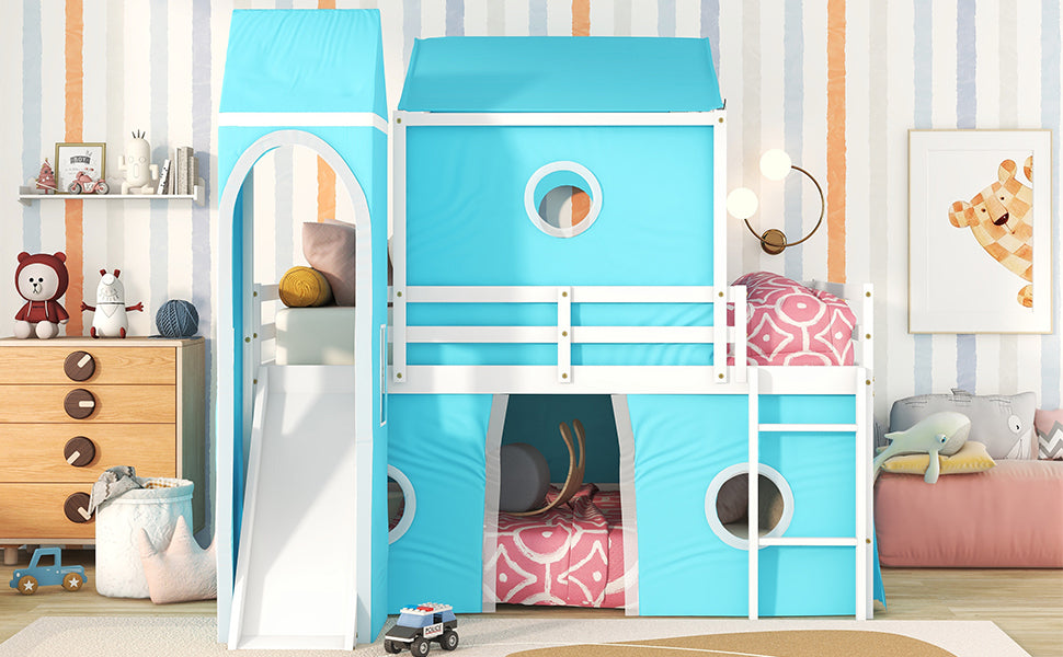 Full Size Bunk Bed with Slide Blue Tent and Tower - Blue - Home Elegance USA