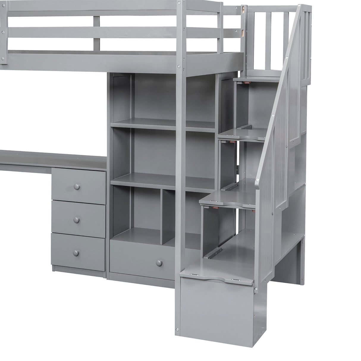 Twin Size Loft Bed with L-Shaped Desk and Drawers, Cabinet and Storage Staircase, Gray - Home Elegance USA