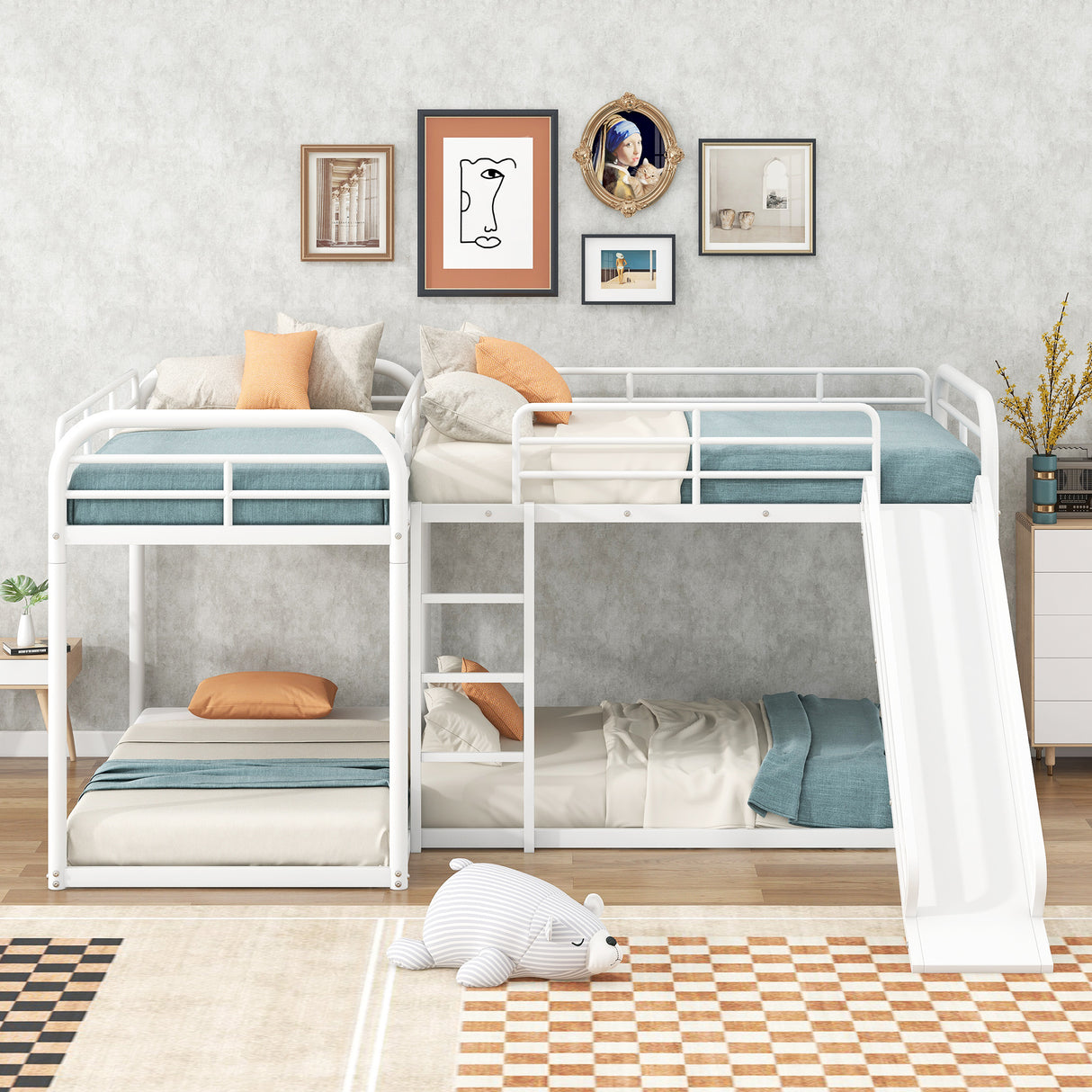 Full and Twin Size L-Shaped Bunk Bed with Slide and Short Ladder, White - Home Elegance USA