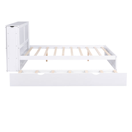 Queen Size Storage Platform Bed with Pull Out Shelves and Twin  XL Size Trundle, White - Home Elegance USA