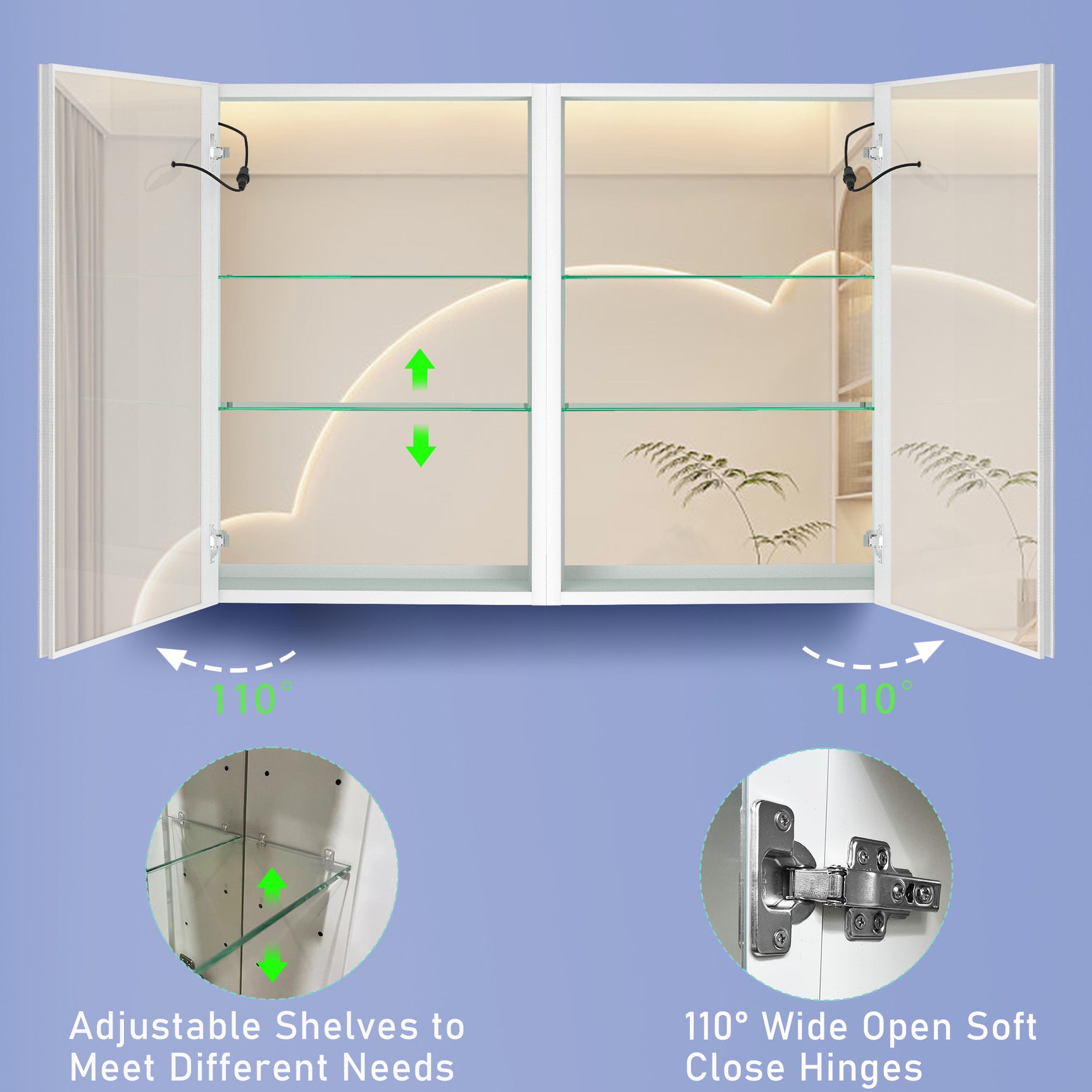 40x30 Inch LED Bathroom Medicine Cabinet Surface Mount Double Door Lighted Medicine Cabinet, Medicine Cabinets for Bathroom with Mirror Defogging, Dimmer White - W995S00067 - image - 6