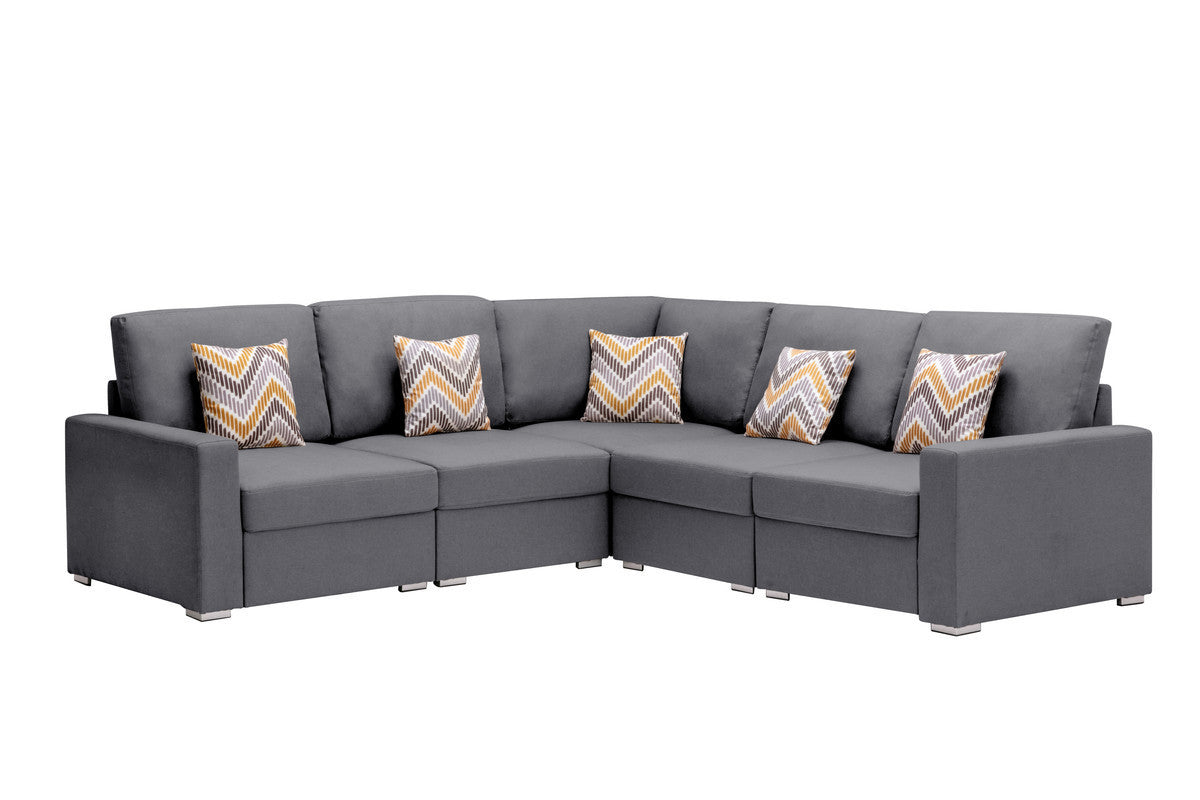 Nolan Gray Linen Fabric 5Pc Reversible Sectional Sofa with Pillows and Interchangeable Legs - Home Elegance USA