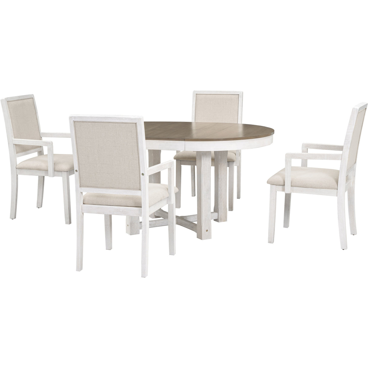 TREXM 5-Piece Dining Table Set, Two-Size Round To Oval Extendable Butterfly Leaf Wood Dining Table and 4 Upholstered Dining Chairs with Armrests (Brown+White) - Home Elegance USA