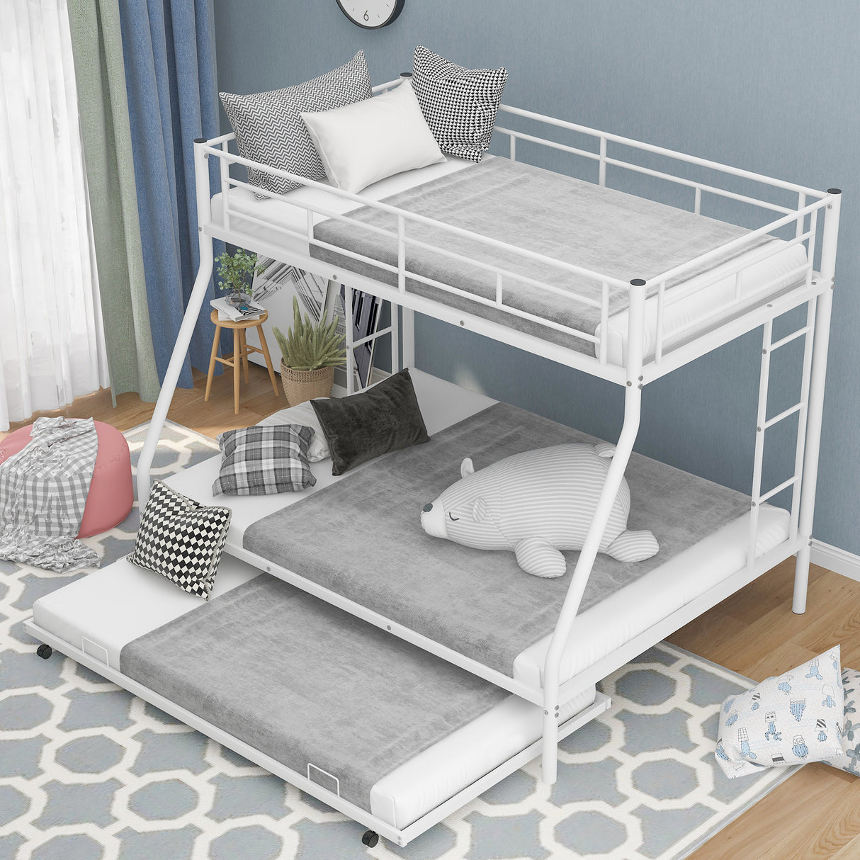 Twin over Full Bed with Sturdy Steel Frame, Bunk Bed with Twin Size Trundle, Two-Side Ladders, White(OLD SKU:MF194424AAK) - Home Elegance USA