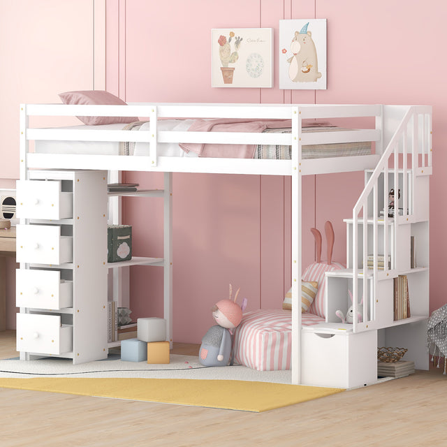 Twin size Loft Bed with Storage Drawers and Stairs, Wooden Loft Bed with Shelves - White - Home Elegance USA