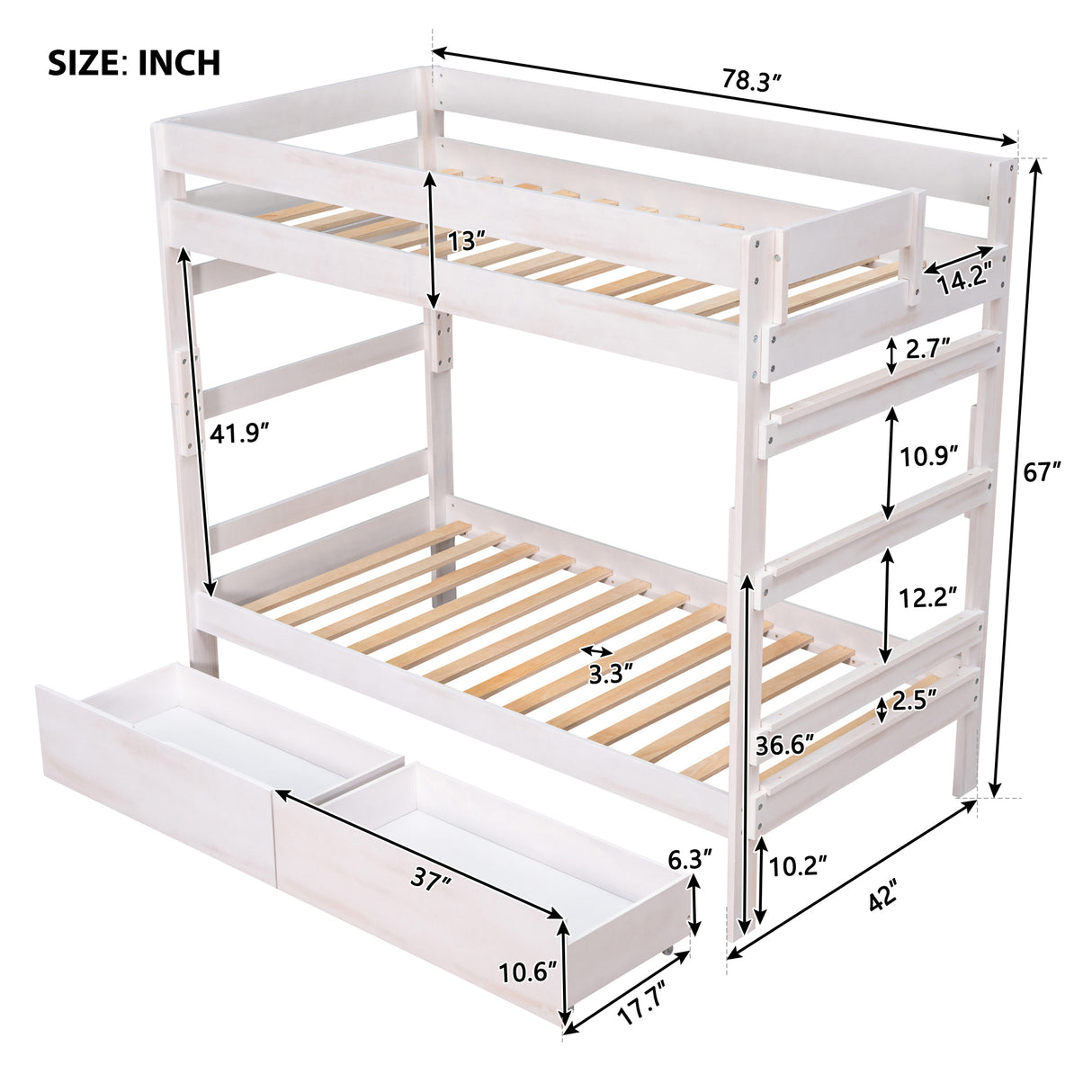 Twin over Twin Wood Bunk Bed with 2 Drawers, White - Home Elegance USA