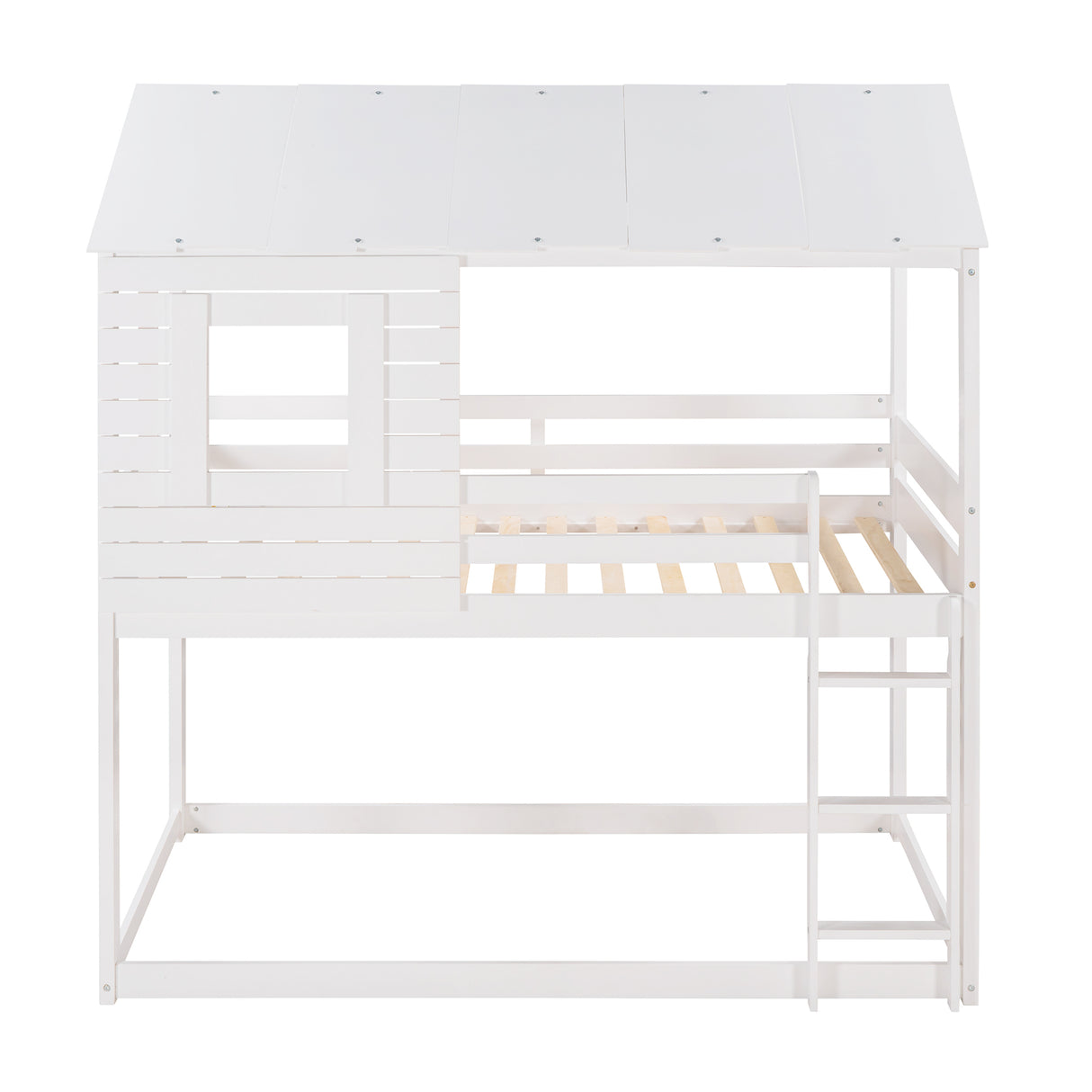 Twin Over Twin Bunk Bed Wood Loft Bed with Roof, Window, Guardrail, Ladder (White) (OLD SKU :LP000062AAK) - Home Elegance USA