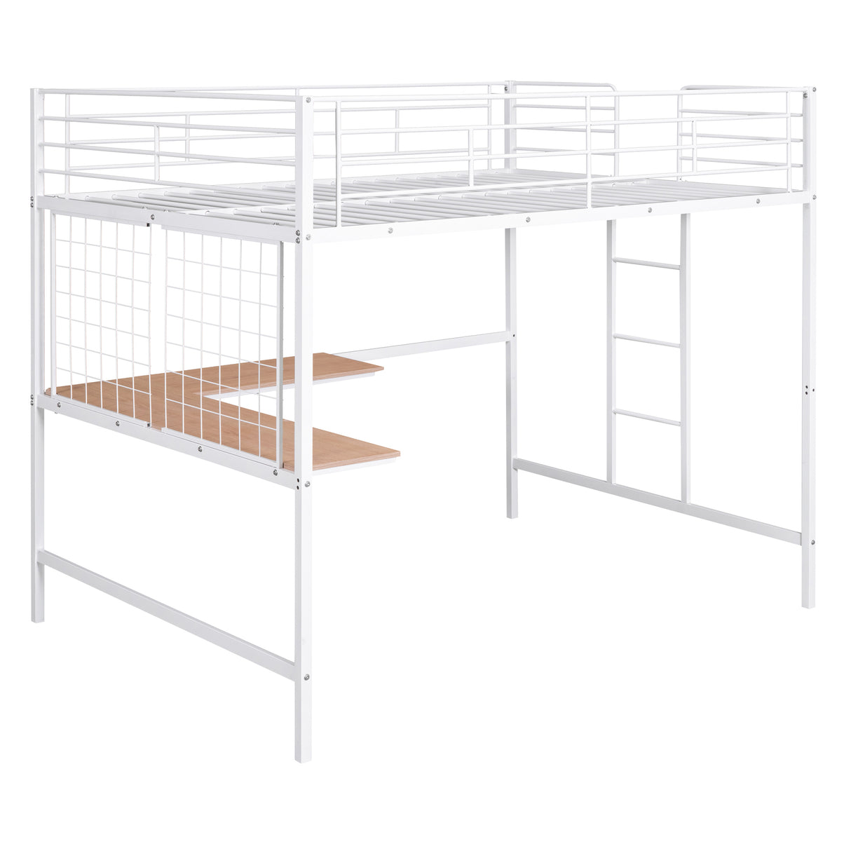 Full Metal Loft Bed with Desk and Metal Grid, White - Home Elegance USA