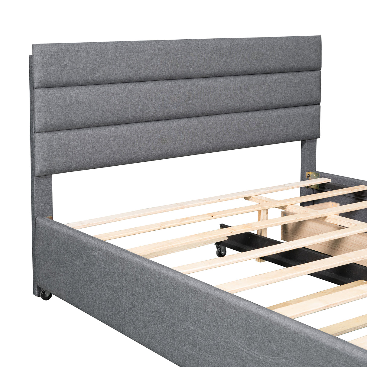 Queen Upholstered Platform Bed with Twin Size Trundle and Two Drawers,Grey - Home Elegance USA