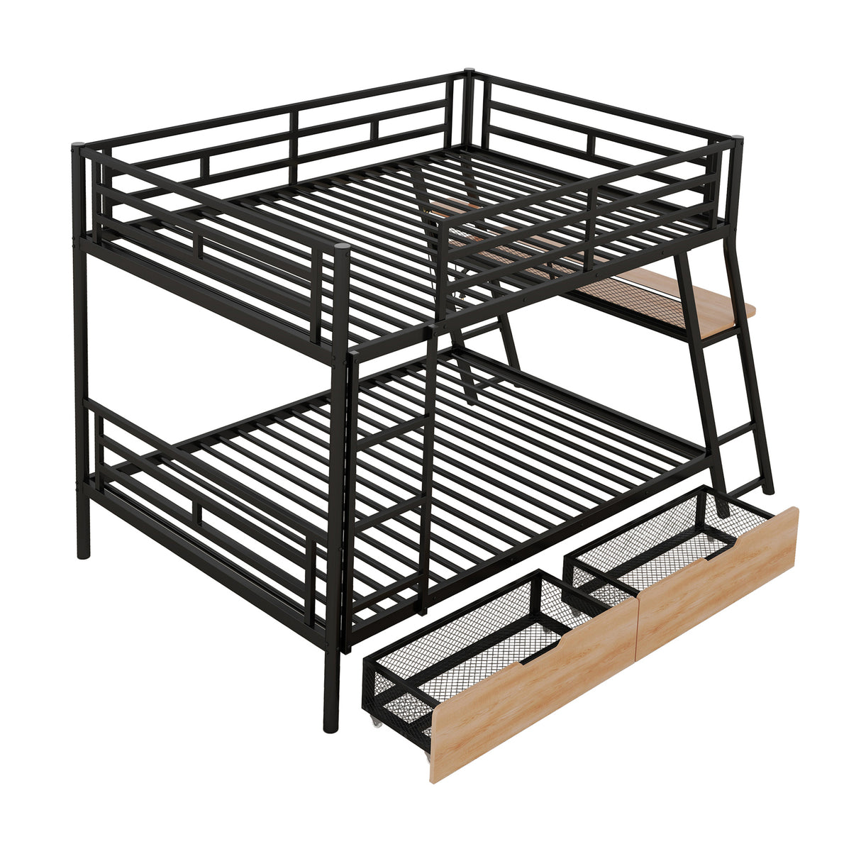 Full Size Metal Bunk Bed with Built-in Desk, Light and 2 Drawers, Black(Expected Arrival Time: 9.18)