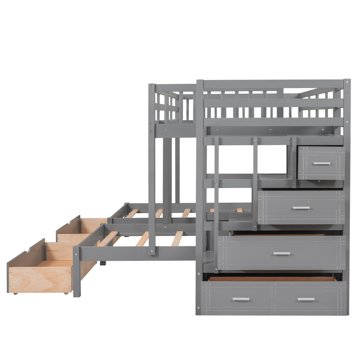 Full Over Twin & Twin Bunk Bed, Wood Triple Bunk Bed with Drawers and Guardrails (Gray) Home Elegance USA