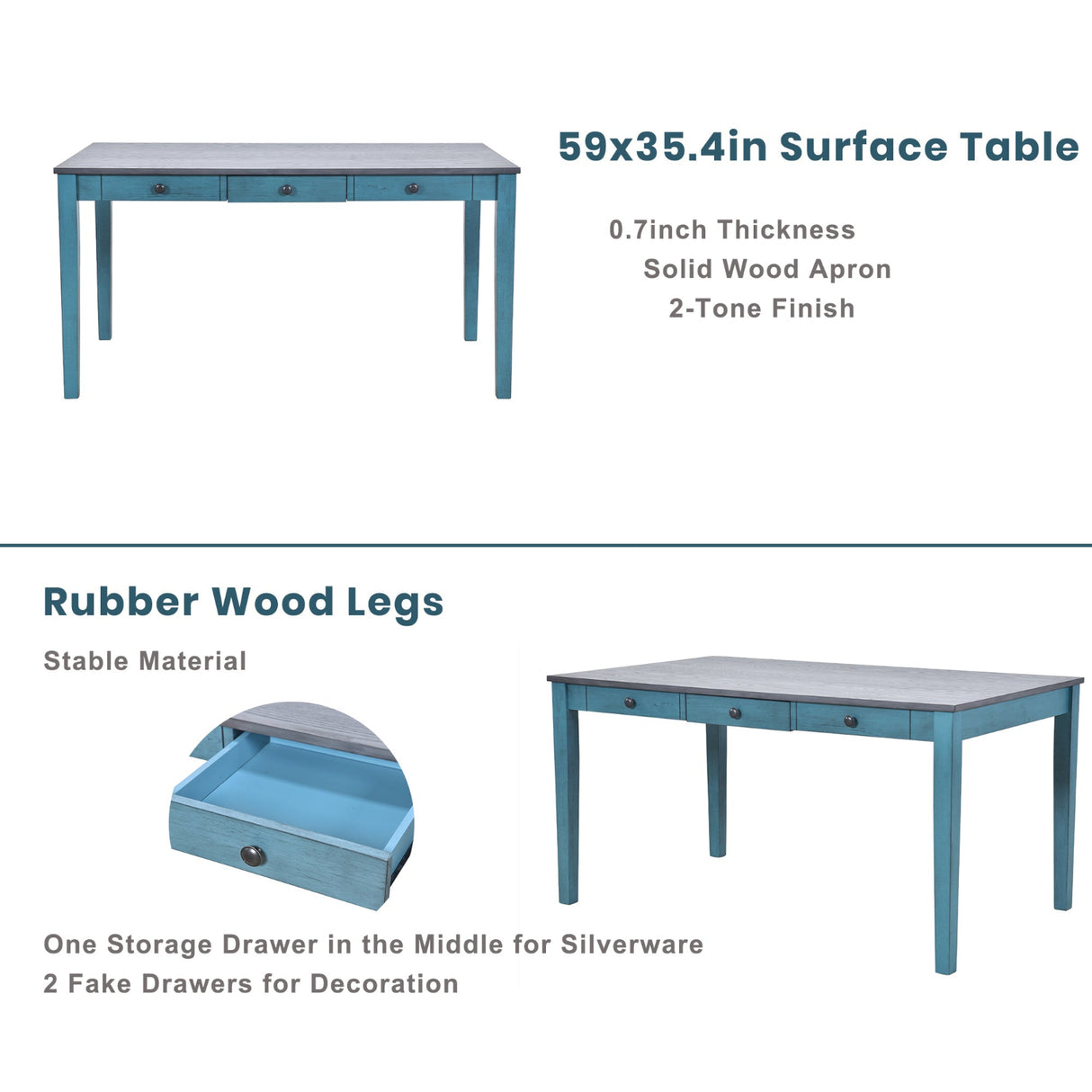 TOPMAX Mid-Century 6-Piece Wood Dining Table Set, Kitchen Table Set with Drawer, Upholstered Chairs and Bench, Antique Blue - Home Elegance USA