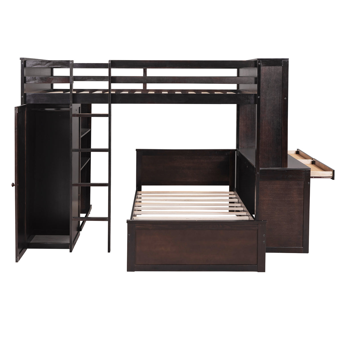 Full size Loft Bed with a twin size Stand-alone bed, Shelves,Desk,and Wardrobe-Espresso - Home Elegance USA