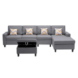 Nolan Gray Linen Fabric 5Pc Reversible Sofa Chaise with Interchangeable Legs, Storage Ottoman, and Pillows - Home Elegance USA