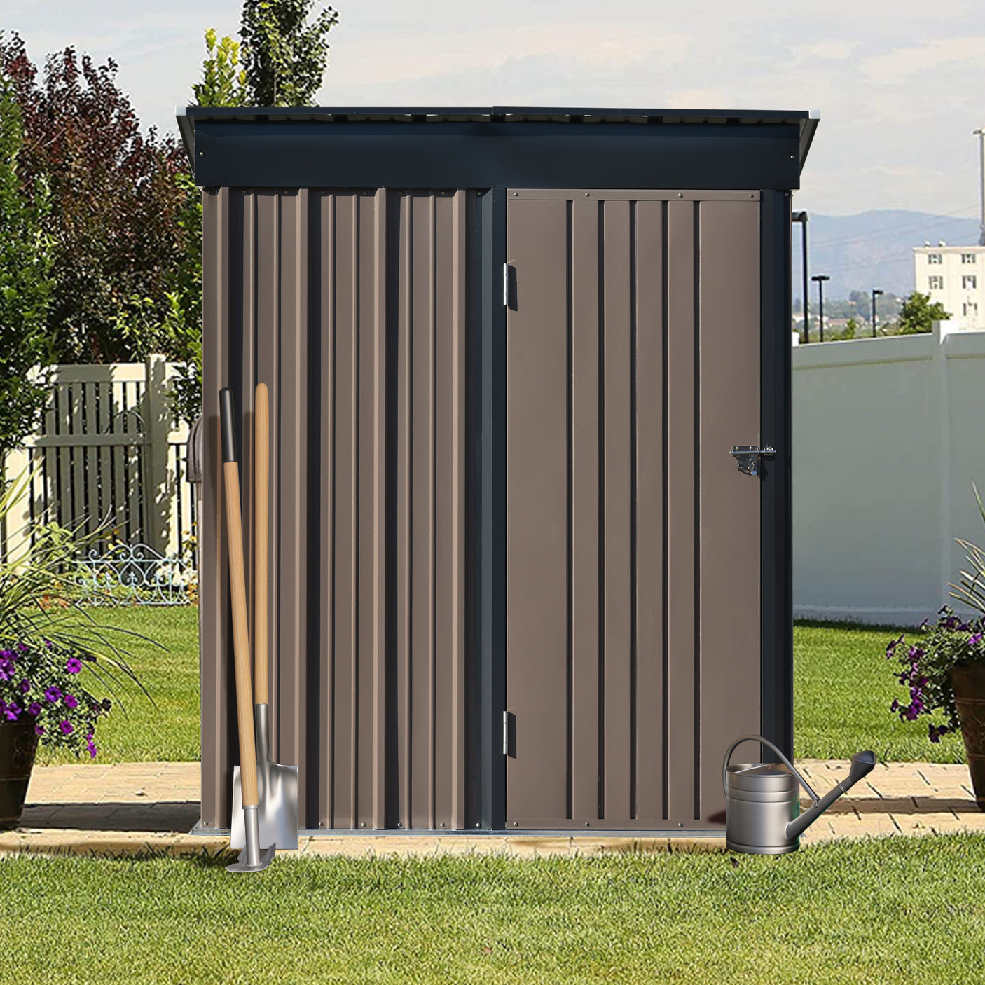 TOPMAX Patio 5ft Wx3ft. L Garden Shed, Metal Lean-to Storage Shed with Lockable Door, Tool Cabinet for Backyard, Lawn, Garden, Brown