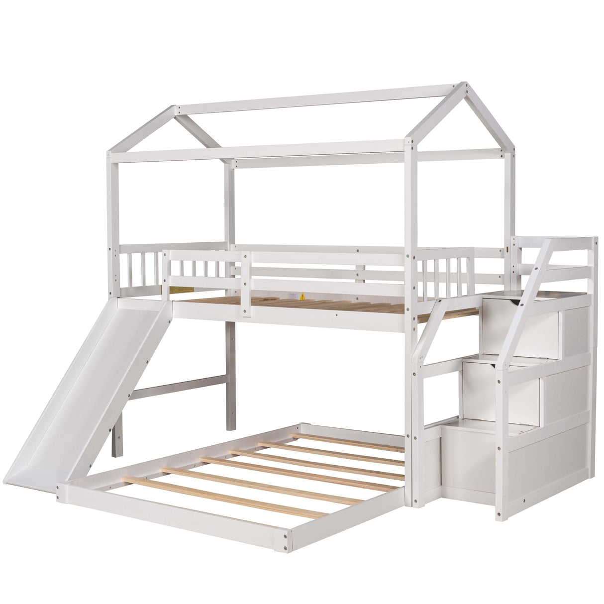 Twin over Full House Bunk Bed with Convertible Slide and Storage Staircase,Full-Length Guardrail,White - Home Elegance USA