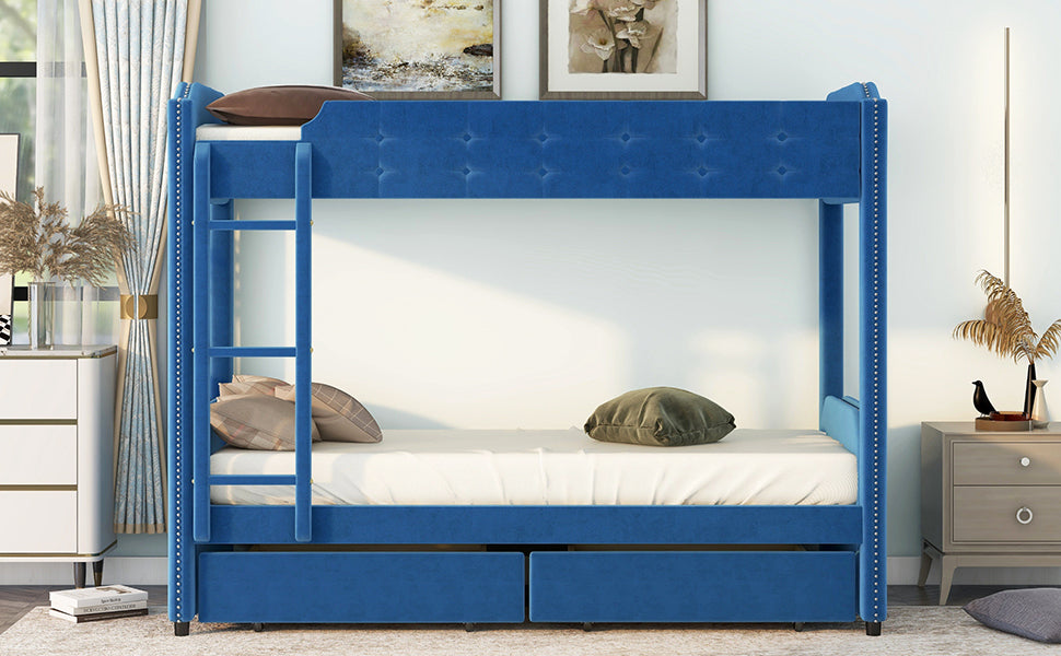 Twin over Twin Upholstered Bunk Bed with Two Drawers, Button-Tufted Headboard and Footboard Design, Blue - Home Elegance USA