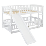 Bunk Bed with Slide,Twin Over Twin Low Bunk Bed with Fence and Ladder for Toddler Kids Teens White - Home Elegance USA