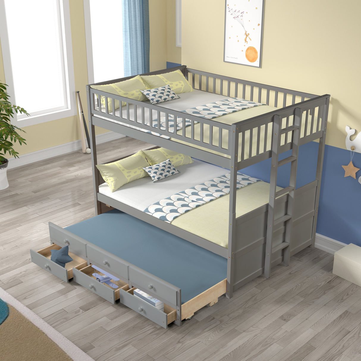 FULL OVER FULL BUNKBED WITH TWIN TRUNDLE AND 3 DRAWERS - Home Elegance USA