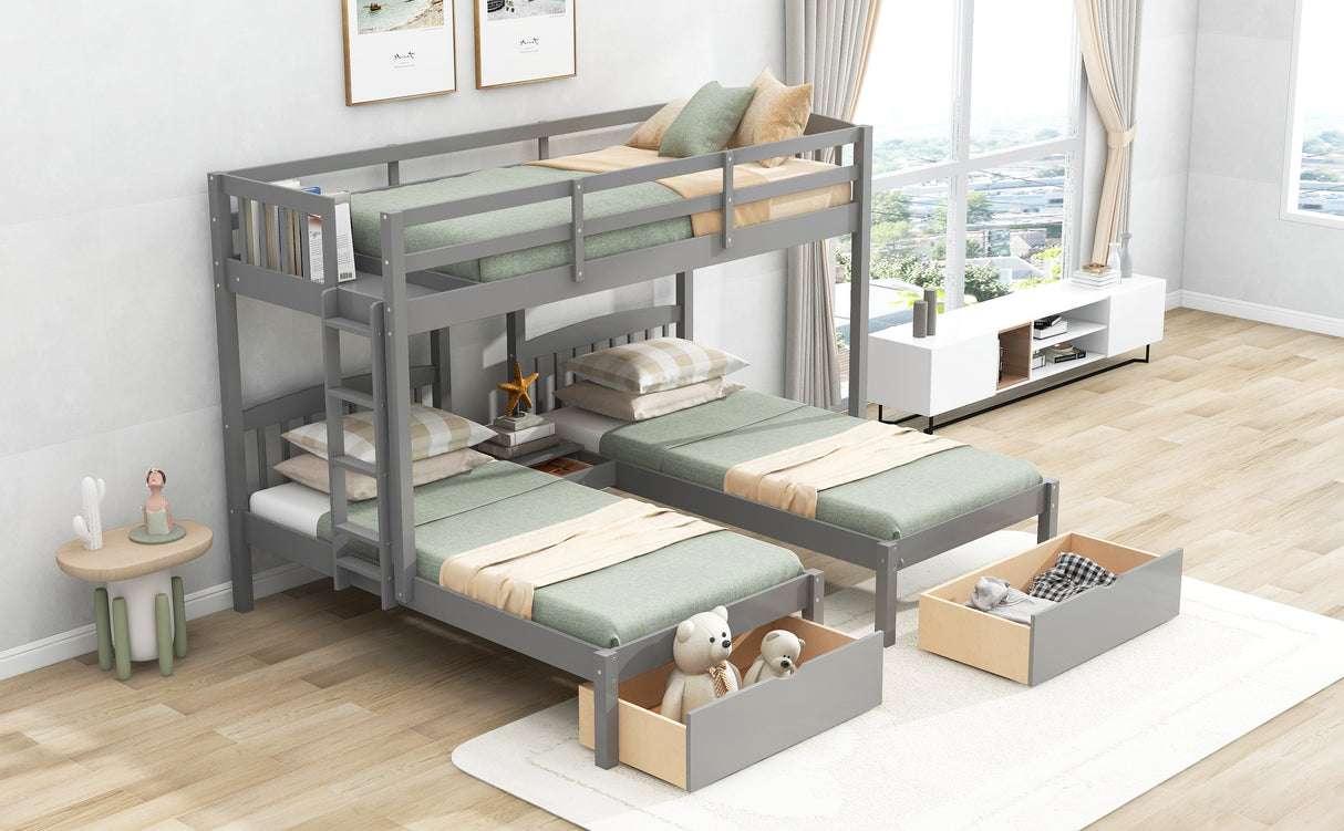 Twin over Twin & Twin Bunk Bed with Two Drawers and Built-in Middle Drawer, Gray - Home Elegance USA