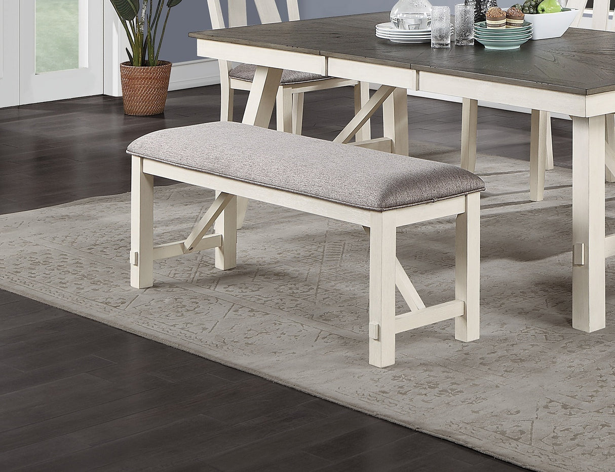Dining Room Furniture 6pc Dining Set Table w Leaf And 4x Side Chairs 1x Bench Gray Fabric Cushion Seat White Clean Lines Wooden Table Top | Home Elegance USA