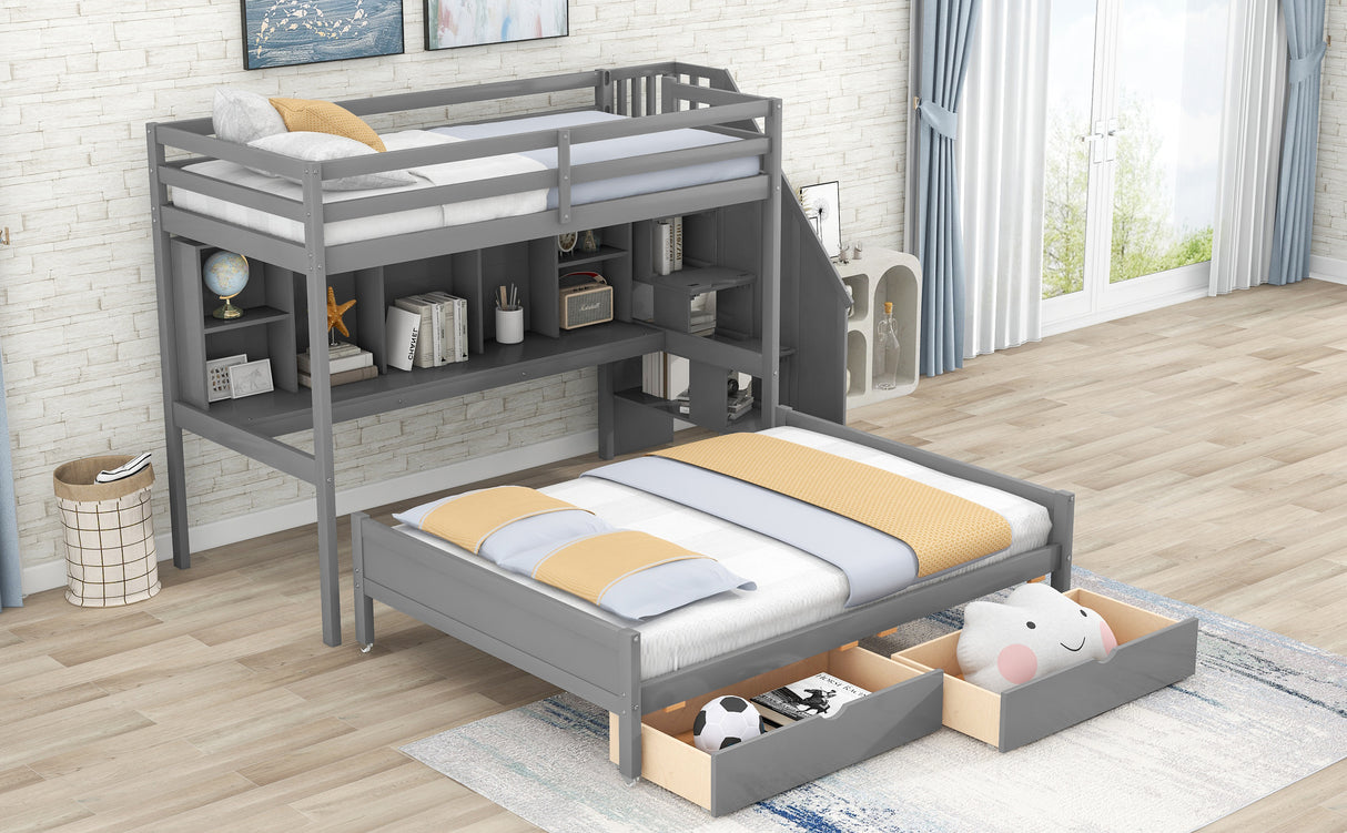 Twin XL over Full Bunk Bed with Built-in Storage Shelves, Drawers and Staircase,Gray - Home Elegance USA