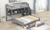 Twin XL over Full Bunk Bed with Built-in Storage Shelves, Drawers and Staircase,Gray - Home Elegance USA