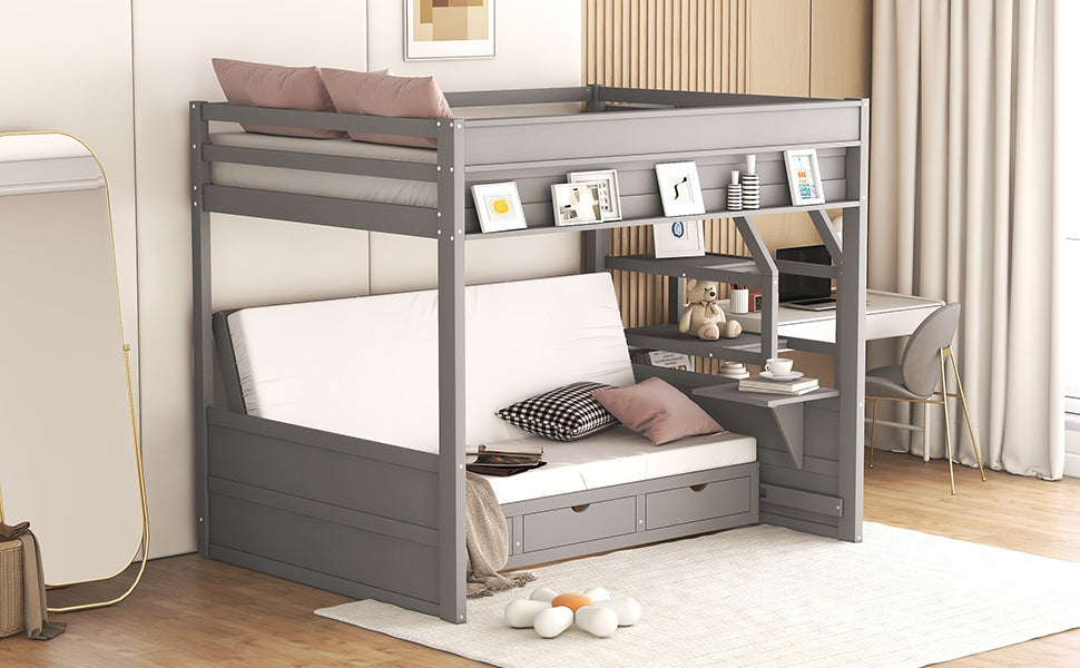 Wood Full Size Convertible Bunk Bed with Storage Staircase, Bedside Table, and 3 Drawers, Gray - Home Elegance USA