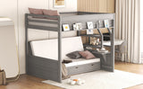 Wood Full Size Convertible Bunk Bed with Storage Staircase, Bedside Table, and 3 Drawers, Gray - Home Elegance USA