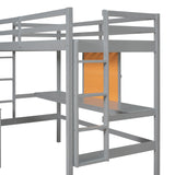 Twin size Loft Bed with Desk and Writing Board, Wooden Loft Bed with Desk & 2 Drawers Cabinet- Gray - Home Elegance USA
