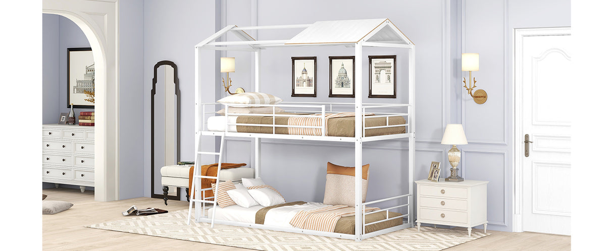 Twin Over Twin Bunk Bed Metal Bed with Half Roof, Guardrail and Ladder White - Home Elegance USA