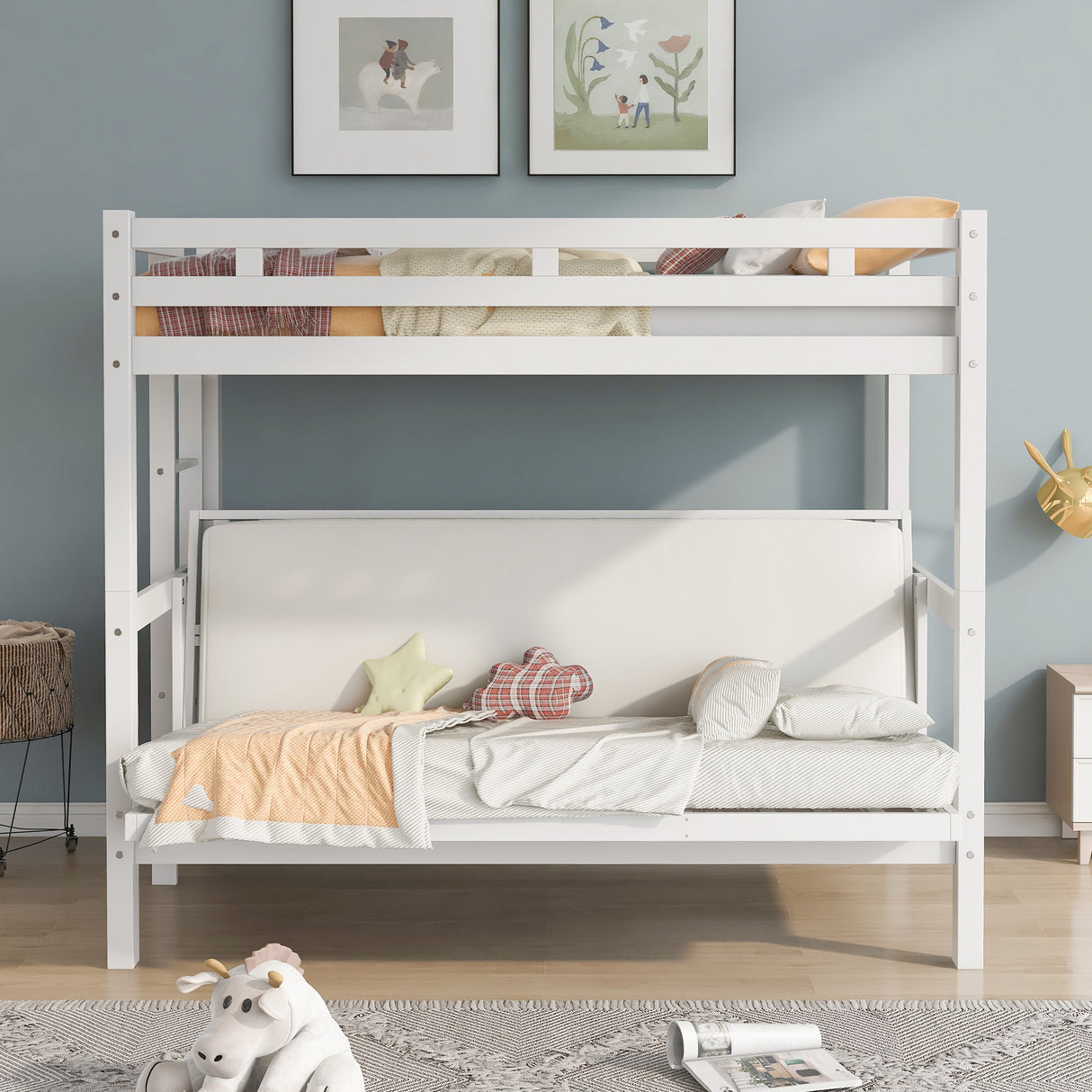 Twin over Full Bunk Bed,Down Bed can be Converted into Daybed,White(Box 2 of SM001309AAK, not sold separately) - Home Elegance USA