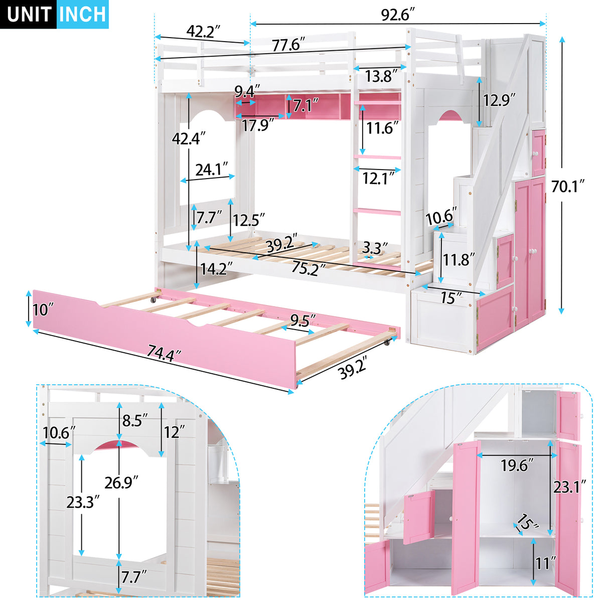 Twin Over Twin Bunk Bed with Trundle ,Stairs,Ladders Solid Wood Bunk bed with Storage Cabinet （White + Pink） - Home Elegance USA