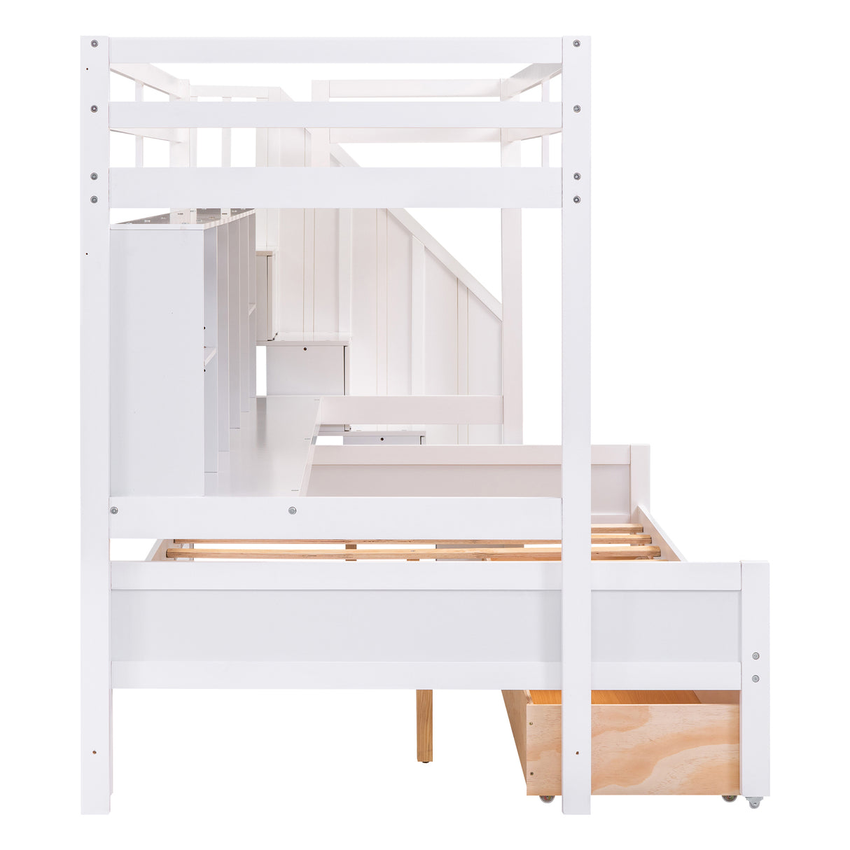 Twin XL over Full Bunk Bed with Built-in Storage Shelves, Drawers and Staircase,White - Home Elegance USA