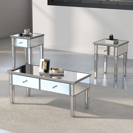 ON-TREND Modern Glass Mirrored Coffee Table Set of 3, Cocktail Table and 2 End Tables with Drawers and Crystal Handles for Living Room, Silver - Home Elegance USA