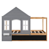 Twin Size House Shaped Canopy Bed with Black Roof and White Window,Blackboard and Little Shelf,Gray - Home Elegance USA