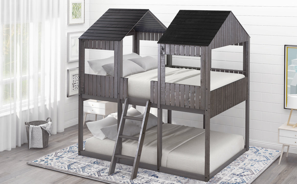 Full Over Full WoodBunk Bed with Roof, Window, Guardrail, Ladder  ( Antique Gray )( old sku: LP000031AAE ) - Home Elegance USA