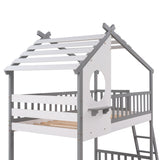 Twin Over Twin Bunk Bed Wood Bed with Roof, Window, Ladder ( Gray)(OLD SKU :LP000008AAE) - Home Elegance USA