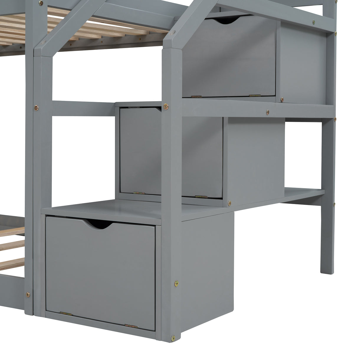 Twin Over Twin Bunk Bed with Storage Stairs,Wood Bed with Roof, Window, Guardrail, Ladder，Gray+White - Home Elegance USA