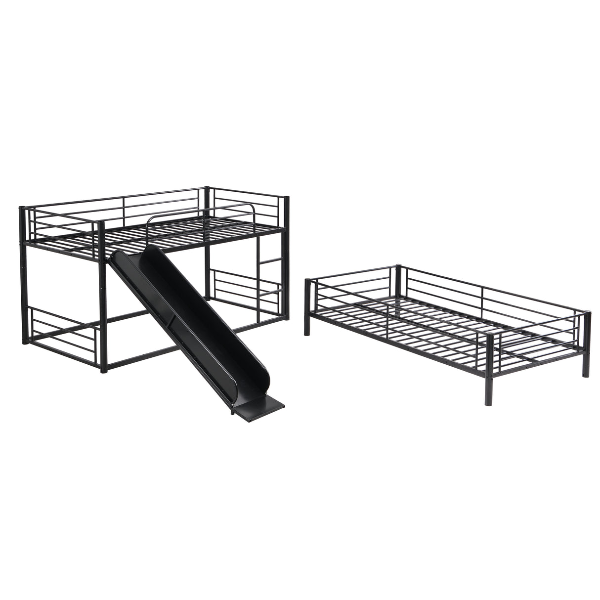 Twin Size Metal Bunk Bed with Ladders and Slide, Divided into Platform and Loft Bed, Black - Home Elegance USA