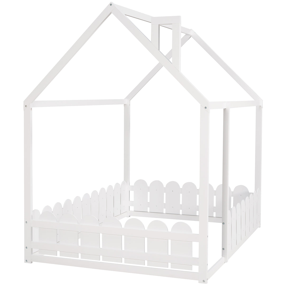 （Slats are not included) Full Size Wood Bed House Bed Frame with Fence, for Kids, Teens, Girls, Boys (White )(OLD SKU:WF281294AAK)